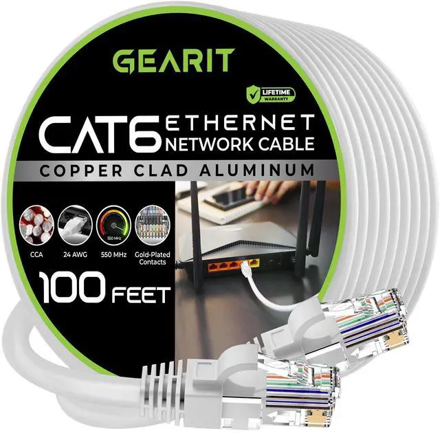 Main image of GEARit Cat 6 Ethernet Cable CCA (100 feet) LAN Network Cord, UTP, Internet, Network Cable - Supports Cat6 / Cat5e / Cat5 Network Standard - White, 100ft