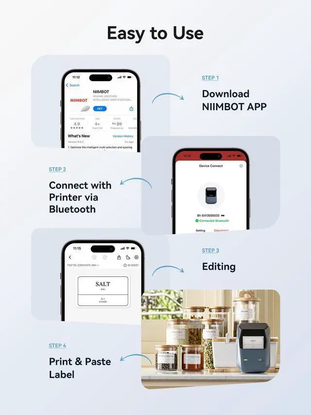 Alt view image 3 of 5 - NIIMBOT B1 Label Maker, Bluetooth Portable Thermal Printer Machine with Large Waterproof Tape and Multiple Templates for Small Business,Office,Home,School, 2 Inch (Blue, 1 Printer+3 Roll Label)