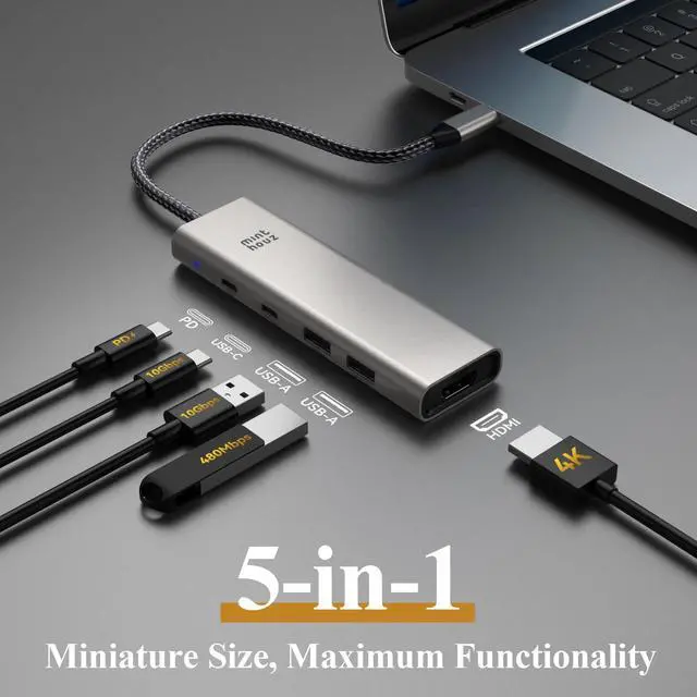 Alt view image 2 of 5 - Minthouz USB C Hub,4K@60Hz HDMI Multiport Adapter 5-in-1 USBC to HDMI Splitter with 125W PD/10Gpbs USB-A Data Ports/USB C Dongle,USBC Splitter Multiport Adapter for MacBook Pro/Air, iMac