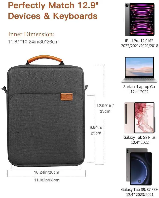 Alt view image 2 of 5 - MoKo 12.9 Inch Tablet Sleeve Bag,Fits with 13 Inch New iPad Pro M4 & Air M2 2024,iPad Pro 12.9 M2&M1,Surface Laptop Go 12.4,Galaxy Tab S8+/S9+ 12.4,Handle Carrying Case with Shoulder Strap,Black &Gray