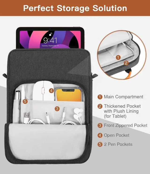 Alt view image 5 of 5 - MoKo 12.9 Inch Tablet Sleeve Bag,Fits with 13 Inch New iPad Pro M4 & Air M2 2024,iPad Pro 12.9 M2&M1,Surface Laptop Go 12.4,Galaxy Tab S8+/S9+ 12.4,Handle Carrying Case with Shoulder Strap,Black &Gray