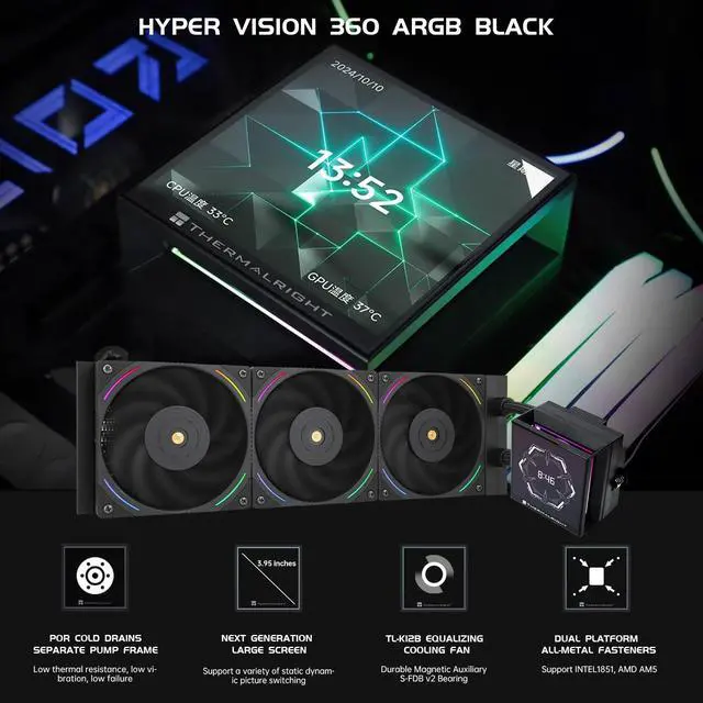 Alt view image 3 of 5 - Thermalright Hyper Vision 360 ARGB AIO CPU Liquid Cooler - Magnetic Fixed 3.95" LCD Display Screen, 2150RPM PWM Fans, for AMD AM4/AM5 & Intel LGA1150/1151/1200/2011/1700/1851 | Black