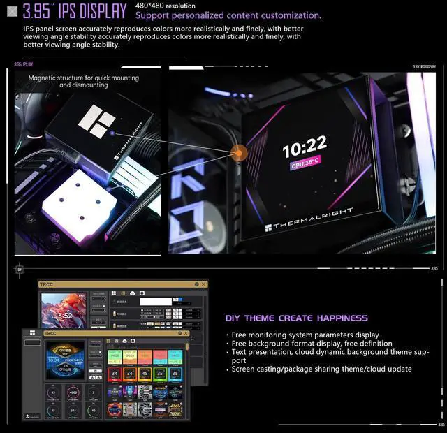 Alt view image 4 of 5 - Thermalright Hyper Vision 360 ARGB AIO CPU Liquid Cooler - Magnetic Fixed 3.95" LCD Display Screen, 2150RPM PWM Fans, for AMD AM4/AM5 & Intel LGA1150/1151/1200/2011/1700/1851 | Black