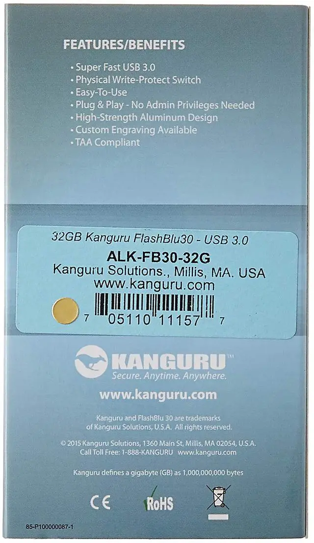 Alt view image 4 of 5 - Kanguru FlashBlu30 - 32GB USB Flash Drive - Physical Write Protection Switch - Super Fast USB 3.0