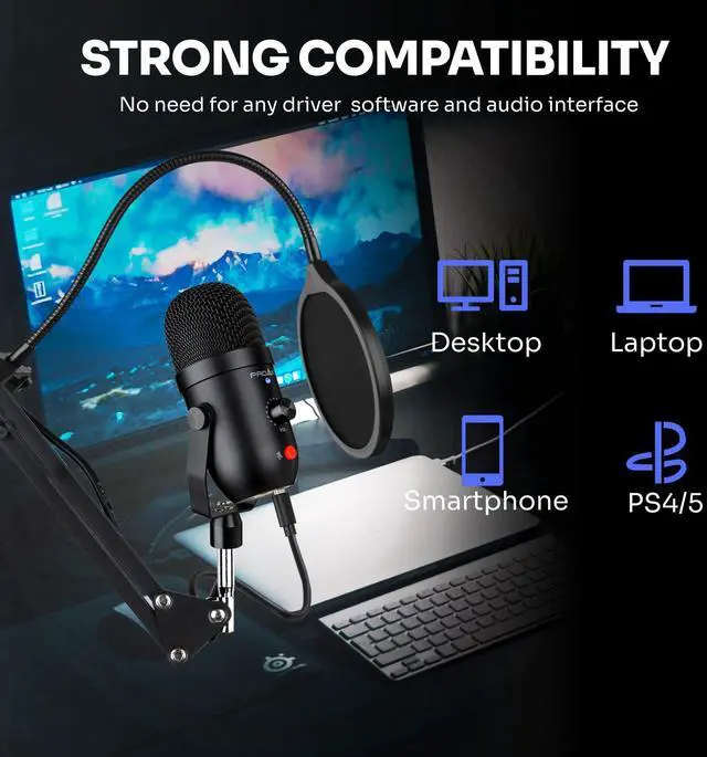 Alt view image 2 of 5 - Podcast & Gaming USB Microphone Kit - Condenser Mic for Phone, Pad, PS4, Computer & Laptop (Noise Cancelling, ASMR, YouTube, Streaming)