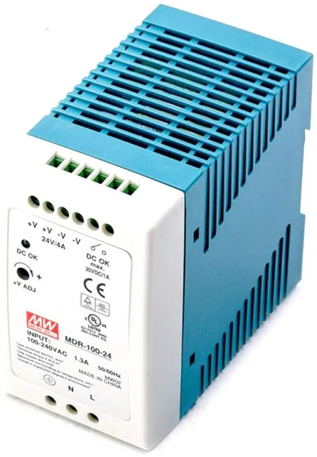 Alt view image 3 of 5 - Mean Well MDR-100-24 96W 24V 4A Industrial Power Supply - 86% Efficiency, AC/DC Converter, DIN Rail Mount, ZCS/ZVS, 150mVp-p Ripple, 85-264VAC Input, DC Power Supply for Industrial Automation