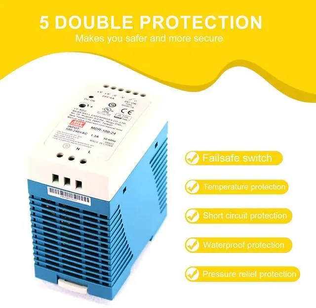 Alt view image 5 of 5 - Mean Well MDR-100-24 96W 24V 4A Industrial Power Supply - 86% Efficiency, AC/DC Converter, DIN Rail Mount, ZCS/ZVS, 150mVp-p Ripple, 85-264VAC Input, DC Power Supply for Industrial Automation