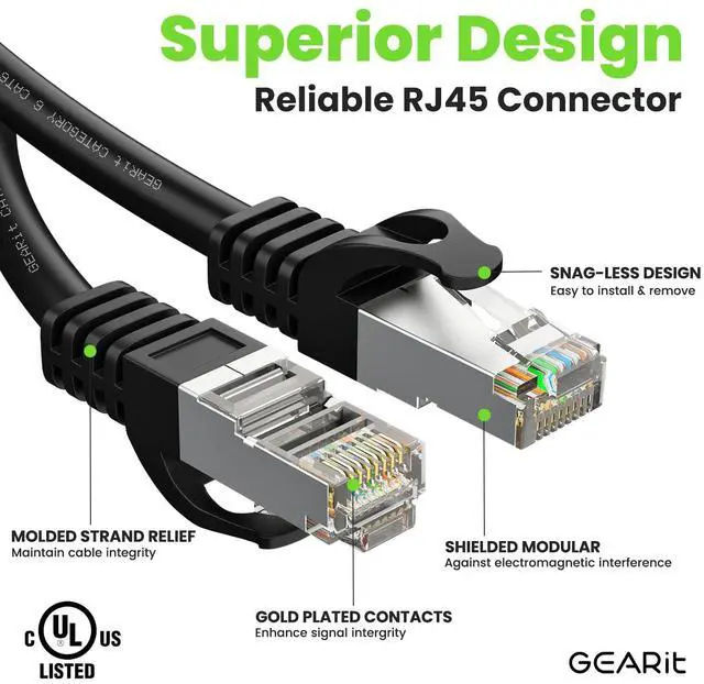 Alt view image 3 of 5 - GEARit Cat6A Ethernet Cable (100 ft, Black) 10Gbps Snagless Long Shielded SSTP, SFTP Shielded Ethernet Cable, 26AWG 4 Pair Solid Bare Copper Cat6 Cable, Cat 6 Shielded Network Cable - 100 feet