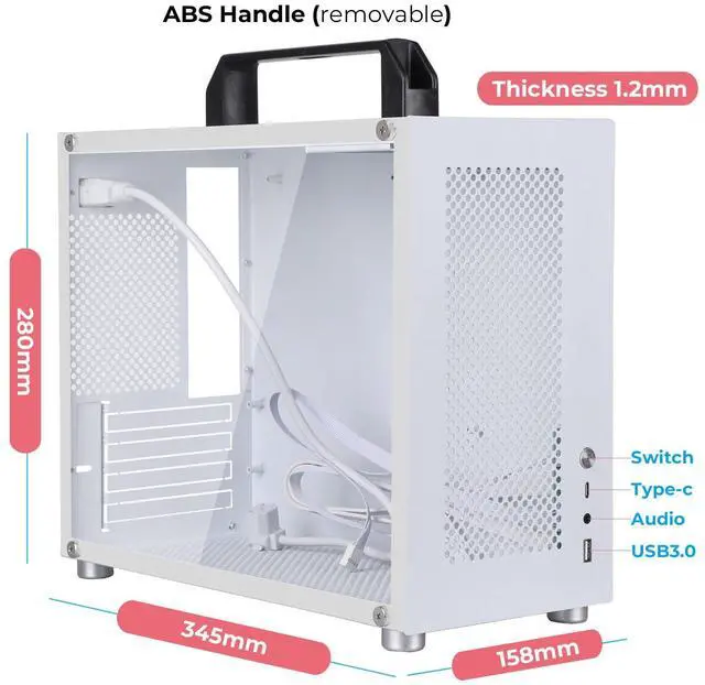 Alt view image 3 of 5 - Micro ATX PC Case,Mini-Tower Tempered Glass Side Pannel Type with Black Handle,Small Form Factor Computer Chassis 1.2mm Alloy Steel with Type C,USB 3.0,Audio Port Fits mATX and ITX Motherboards