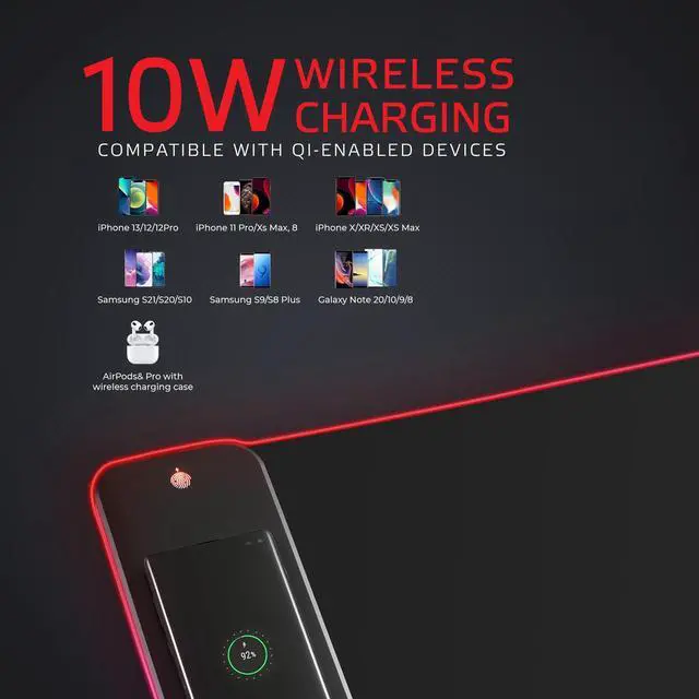 Alt view image 2 of 5 - i-Rocks Extra Long RGB Gaming Mouse Pad, 10W Wireless Fast Charger, Natural Rubber Non-Slip Base, 35.4"x11.8" Desk Mat, Qi-Compatible for iPhone, Samsung, AirPods, 7 Colors & 3 RGB Effects