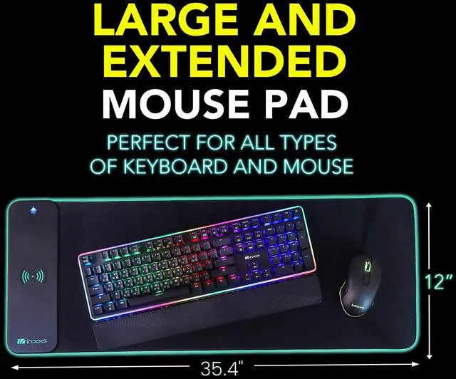 Alt view image 4 of 5 - i-Rocks Extra Long RGB Gaming Mouse Pad, 10W Wireless Fast Charger, Natural Rubber Non-Slip Base, 35.4"x11.8" Desk Mat, Qi-Compatible for iPhone, Samsung, AirPods, 7 Colors & 3 RGB Effects