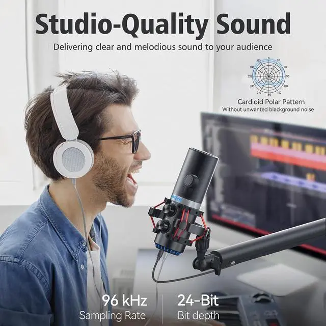 Alt view image 2 of 5 - CMTECK USB Microphone for PC, Condenser Mic for Streaming, Podcasting, Video, Meeting, Gaming, Gain Control, Monitoring Headphone Jack, Anti-Vibration Shock Mount and Pop Filter (Posh Black)