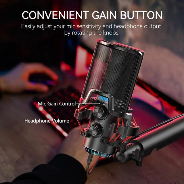 Alt view image 4 of 5 - CMTECK USB Microphone for PC, Condenser Mic for Streaming, Podcasting, Video, Meeting, Gaming, Gain Control, Monitoring Headphone Jack, Anti-Vibration Shock Mount and Pop Filter (Posh Black)