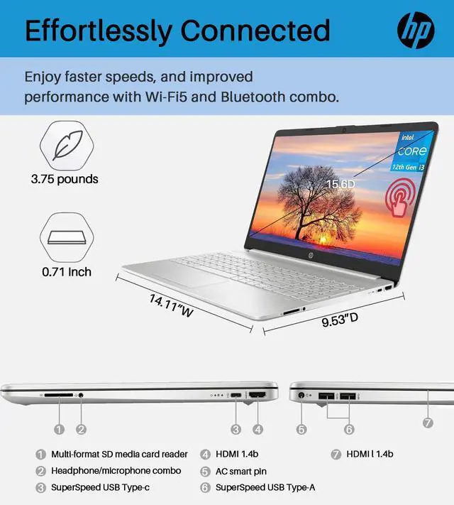 Alt view image 5 of 5 - HP 15.6" Touchscreen Laptop, 12th Gen Intel i3-1215U Processor (Up to 4.4GHz), 32GB RAM, 1TB SSD, 11 H Battery Life, Micro-Edge, Anti-Glare, Thin & Portable for Business, Win 11 S, with Laptop Stand