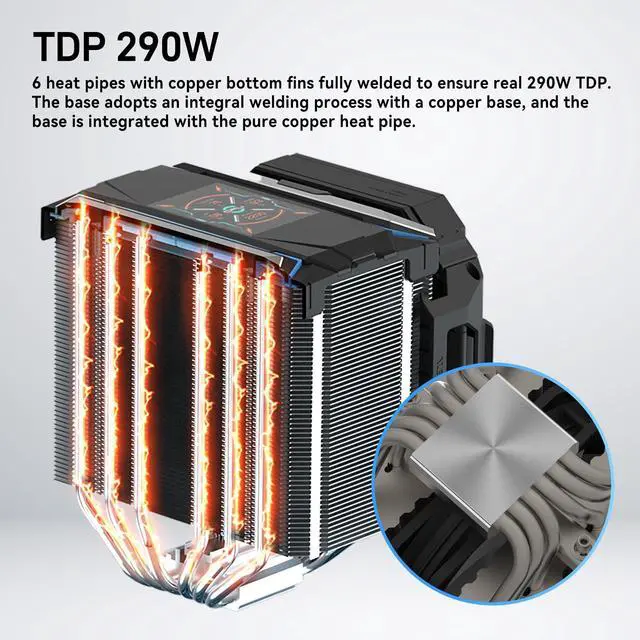 Alt view image 3 of 5 - ALSEYE i600 Pro CPU Cooler, 2.83" HD Display with Temperature, Copper Base Hidden Fan Dual Tower CPU Cooler 6 Heat Pipes TDP 290W ARGB PWM Koala Fan with FDB Bearing Intel LGA & AM5 AM4 (Black)