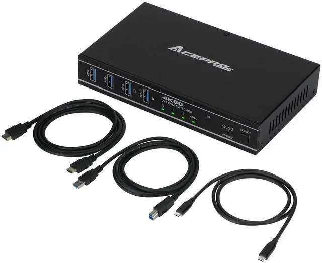 Main image of AceProAV 2x1 HDMI/USB-C 4K60Hz KVM Switch with PD Pass-Through - Selector for 2 Computers Sharing 4K Monitor Keyboard Mouse - Includes Cables to Connect Host Devices - Supports PD 100W Fast Charging