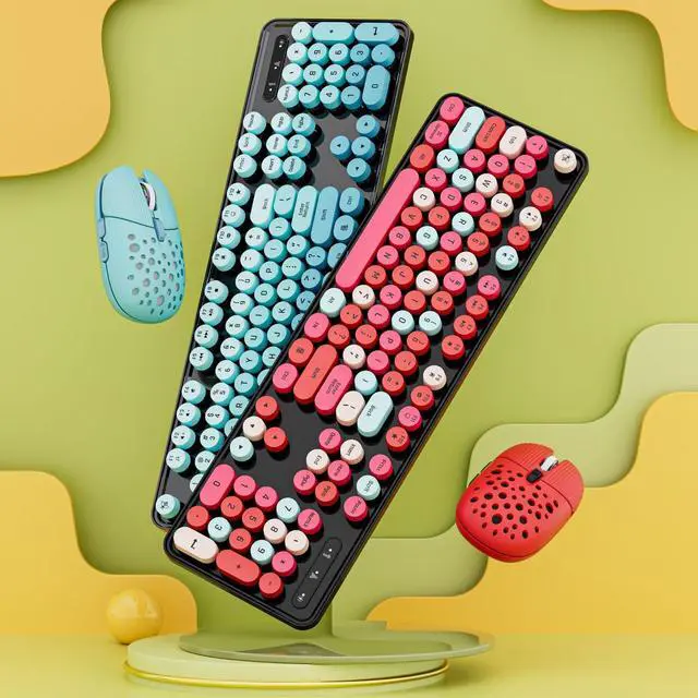 Alt view image 2 of 5 - Acogedor 2.4G Keyboard and Mouse Combo, Colorful Cute Round Keycaps Typewriter Keyboard with USB Receiver, for PC Laptop Desktop (Mixed Color Red)