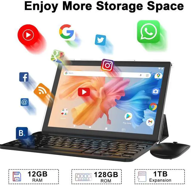 Alt view image 3 of 5 - Android 13 Tablet, 10 inch 2 in 1 Tablets with Keyboard, 12GB RAM 128GB ROM 1TB Expand, Quad-Core 2.0Ghz CPU, 5G WiFi 6, BT5.0, 1280x800 HD Touchscreen, 6000mAh, Widevine L1, Google Tablet, Black