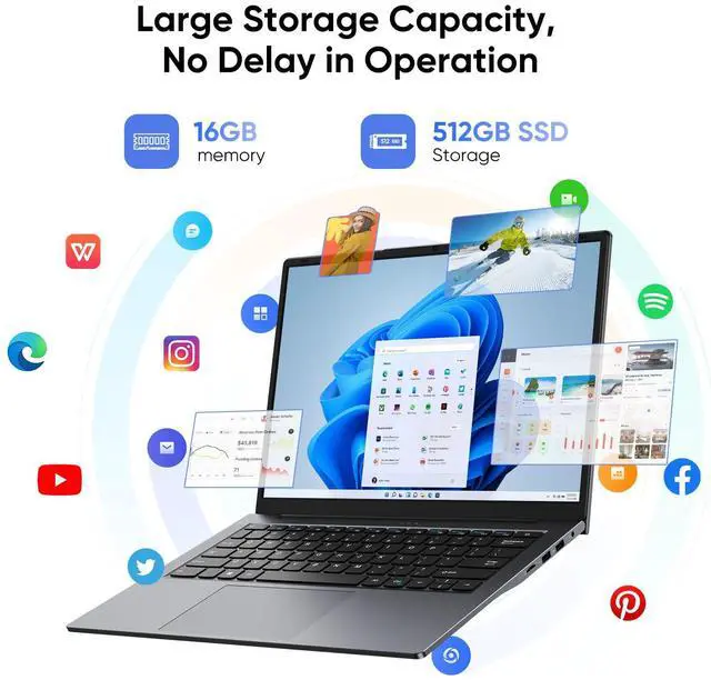 Alt view image 4 of 5 - AE86 14.1" Laptop 16GB RAM 512GB SSD, QHD (2160x1440) Display, Intel Core m3 8100Y (Beat Intel i3-5005u), Windows 11 Pro Notebook Computer with HDMI, Type C, Long Battery Life, MS Office 2024 - Gray