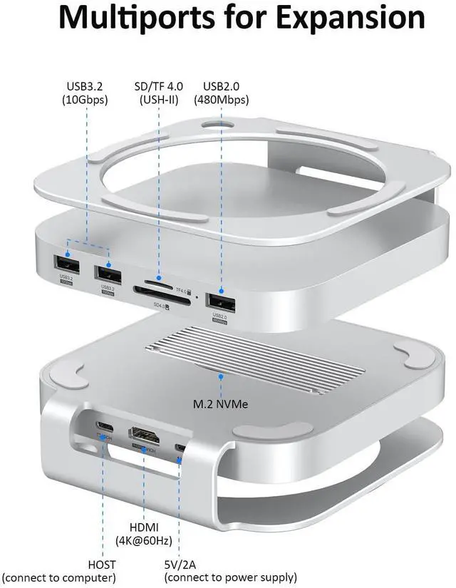 Alt view image 2 of 5 - Akyyajaure Mac mini Hub: 10 in 1 Aluminum Stand & Dock for Mac mini M4 Pro with M.2 NVMe SSD Enclosure, 4K60hz HDMI, 10Gbps USB-A*2, SD/TF Card Readers, USB 2.0