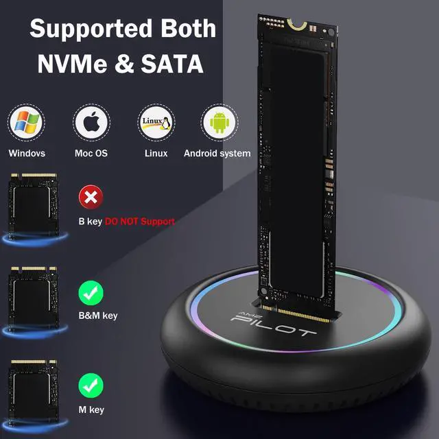 Alt view image 3 of 5 - AMZPILOT M.2 NVMe & SATA to USB C Docking Station, M.2 SSD to USB A C Reader Adapter for Both M Key & B+M Key NVMe PCIE and SATA NGFF SSD Dock, Size for 22110 2280 2260 2242 2230 RGB Light Enclosure
