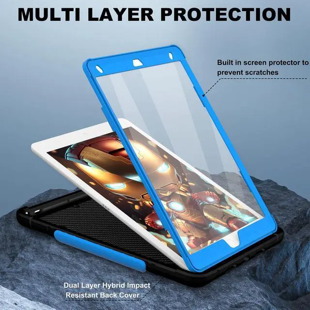 Alt view image 4 of 5 - Andnary Case for iPad 10.2 inch 9th/8th/7th Generation, Heavy Shockproof Cover with 180° Rotating Handle/Screen Protector/Bracket/Pen Holder/Shoulder Strap, Case for 2021/2020/2019, Black+Blue