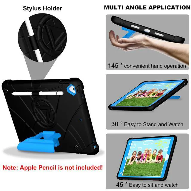 Alt view image 3 of 5 - Andnary Case for iPad 10.2 inch 9th/8th/7th Generation, Heavy Shockproof Cover with 180° Rotating Handle/Screen Protector/Bracket/Pen Holder/Shoulder Strap, Case for 2021/2020/2019, Black+Blue