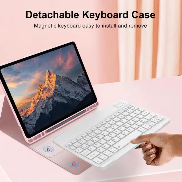 Alt view image 2 of 5 - AMOUOGOEY Keyboard Case for Samsung Galaxy Tab A9 Plus 5G 11 Inch 2023(SM-X210/X216/X218) - Detachable Wireless Bluetooth Keyboard - Folio Smart Cover with S Pen Holder for Galaxy Tab A9+ 11" (Pink)