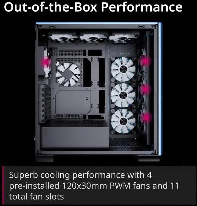 Alt view image 2 of 5 - APNX C1-R Mid-Tower ATX High Airflow PC Case, 4x120mm White Fans, 11 Fan Slots, 360mm Radiator Support, ASUS/MSI Back-Connect Motherboard Support, Tempered Glass Panel, Cable Management, Type-C, White