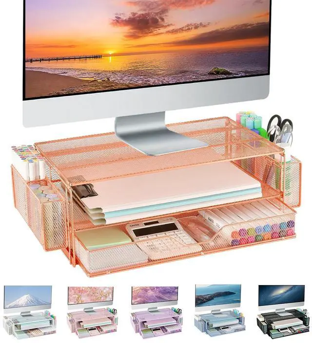 Main image of AUPSEN Computer Monitor Stands Riser with Drawers and 2 Pen Holder, Desk Accessories & Workspace Desk Organizers, Desktop Organizer for Computer, Laptop, Printer, Office Supplies(Rose Gold)