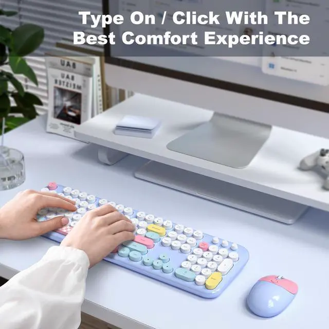 Alt view image 3 of 5 - Atelus Wireless Keyboard and Mouse, Full Size Typewriter Keyboard and Cute Cat Shape Design Mouse Combo for Windows 7/8/10, Laptop, Desktop, PC, Computer (Blue)