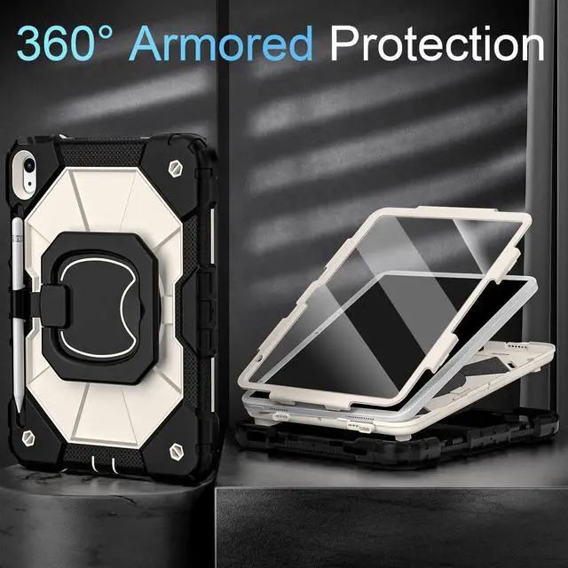 Alt view image 3 of 5 - Auizotl Case for iPad (A16) 11th Generation 11 Inch (2025) iPad 10th Generation 10.9 Inch (2022),Shockproof i Pad Case 11.0/10.9 Inch with 360deg Rotatable Folding Handle Stand,Black Beige