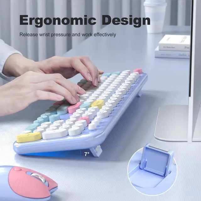 Alt view image 4 of 5 - Atelus Wireless Keyboard and Mouse, Full Size Typewriter Keyboard and Cute Cat Shape Design Mouse Combo for Windows 7/8/10, Laptop, Desktop, PC, Computer (Blue)