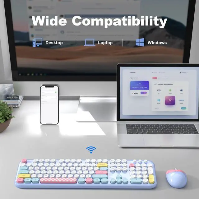 Alt view image 5 of 5 - Atelus Wireless Keyboard and Mouse, Full Size Typewriter Keyboard and Cute Cat Shape Design Mouse Combo for Windows 7/8/10, Laptop, Desktop, PC, Computer (Blue)