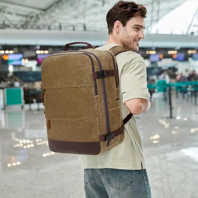 Alt view image 2 of 5 - Travel Backpack for Men Carry On Backpack Flight Approved Personal Item Backpack, 18.4 inch Laptop Backpack Casual Daypack Weekender Business Hiking Backpack, Brown