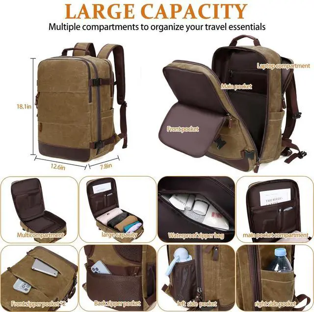 Alt view image 4 of 5 - Travel Backpack for Men Carry On Backpack Flight Approved Personal Item Backpack, 18.4 inch Laptop Backpack Casual Daypack Weekender Business Hiking Backpack, Brown