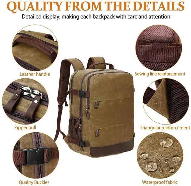 Alt view image 5 of 5 - Travel Backpack for Men Carry On Backpack Flight Approved Personal Item Backpack, 18.4 inch Laptop Backpack Casual Daypack Weekender Business Hiking Backpack, Brown