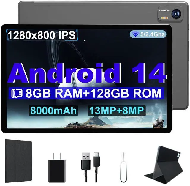 Main image of Android 14 Tablet, 10.1 Inch Android Tablet PC, 8GB RAM 128GB ROM 1TB Expand, 8000mAh Battery, Octa-Core 10.1 Inch with 13MP+8MP Camera/Bluetooth/GPS/WiFi/HD Display (Dark Gray)