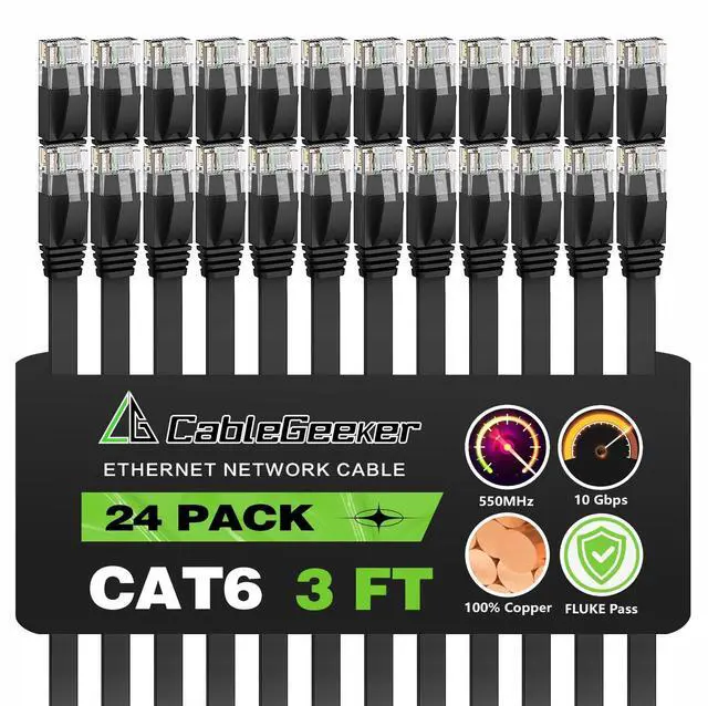 Main image of Cat 6 Ethernet Cable 3ft (24 Pack) (at a Cat5e Price but Higher Bandwidth) Flat Internet Network Cables - Cat6 Ethernet Patch Cable Short - Black Computer LAN Cable with Snagless RJ45 Connectors