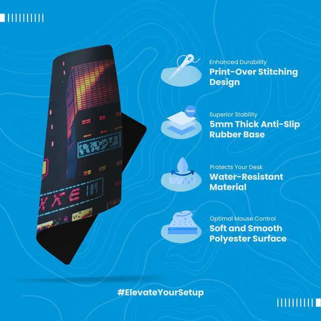 Alt view image 2 of 5 - Deskr Cyber Tokyo Pixel Deskpad Full XL Gaming Desk Mat Gamer Desk Pad with Stitched Edges 5mm Thick Non-Slip Water-Resistant Rubber Laptop Computer Mousepad for Office & Home - 35.4 x 15.7 in