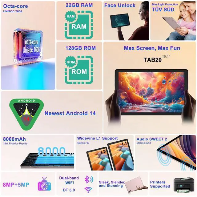 Alt view image 2 of 5 - Dghrti 2025 Android 14 Tablet, 22G+128G/1TB Expansion, 10 inch Tablets with 8000 mAh Battery, Octa-Core, GPS, Split-Screen, Face Unlock, 2 in 1 Tablet with Keyboard, Mouse, Case, Rose Gold