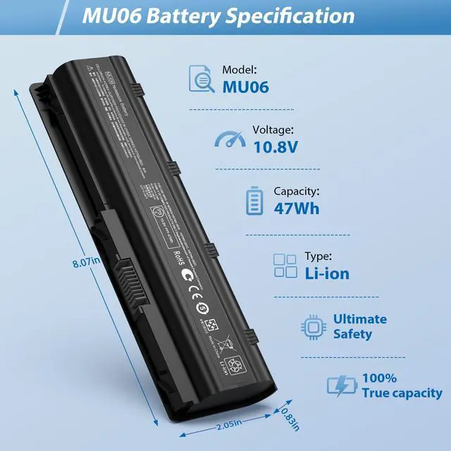 Alt view image 2 of 5 - 593553-001 593554-001 MU06 MU09 Laptop Battery for HP Pavilion G6 G7 G62 G72 G4/2000 Notebook PC/DM4 DV3 DV5 DV6 DV7/Compaq Presario CQ32 CQ42 CQ43 CQ56 CQ57 CQ62 CQ72 435 436[10.8V 5200mAh 6Cell]