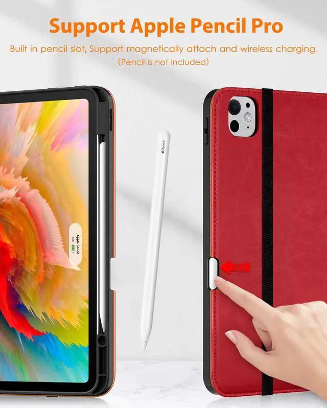 Alt view image 3 of 5 - DTTO for iPad Pro 13 inch Case (M4) 2024, Premium Leather Business Folio Stand Cover with Pencil Holder - Auto Wake/Sleep and Multiple Viewing Angles, Built in Hand Strap & Pocket, Red