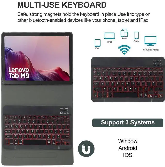 Alt view image 2 of 5 - EHLCYS Keyboard Case for Lenovo Tab M9 9 inch 2023/2024 Release (TB-310FU/TB-310XU), 7-Color Backlit Detachable Bluetooth Keyboard, Ultra-Thin Bracket Cover for Lenovo Tab M9 9"
