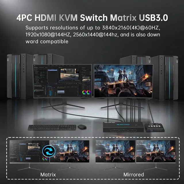 Alt view image 2 of 5 - 4K@60Hz HDMI 2.0 KVM Switch 4x1 for 4PC Share 2 Displays and 4 USB 3.0 Ports SPDIF L/R Audio,Copy/Extended Mod compatibile with Windows, Unix and Mac OS X