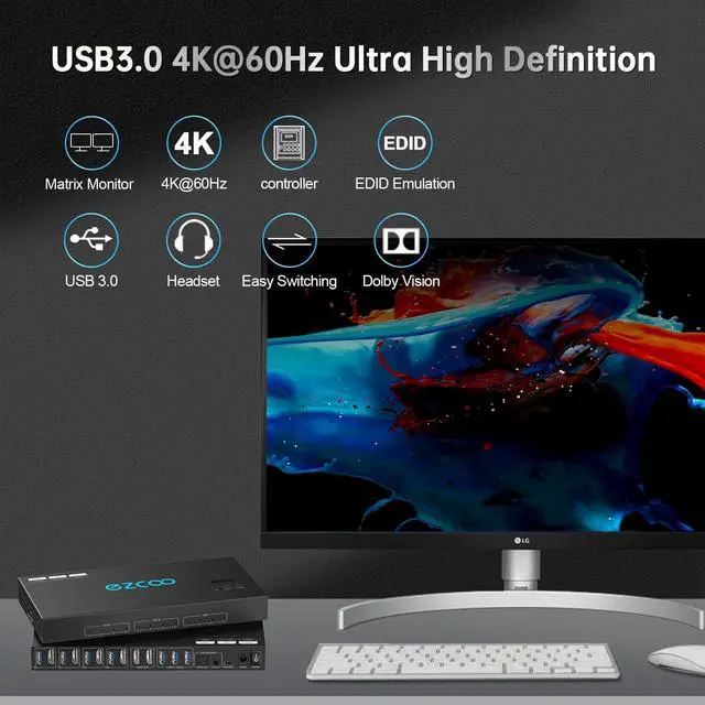 Alt view image 3 of 5 - 4K@60Hz HDMI 2.0 KVM Switch 4x1 for 4PC Share 2 Displays and 4 USB 3.0 Ports SPDIF L/R Audio,Copy/Extended Mod compatibile with Windows, Unix and Mac OS X