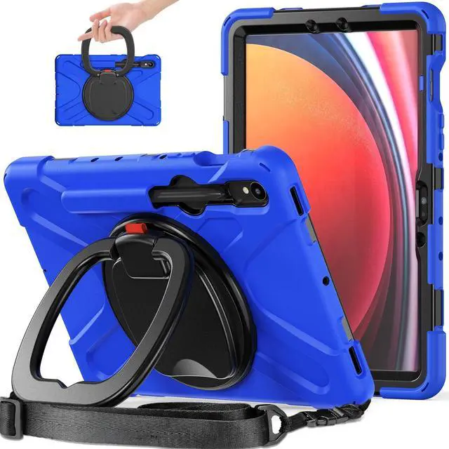 Main image of PboyiqiS Heavy Duty Case for Galaxy Tab S9/S9 FE 2023/Tab S8 2022/Tab S7 2020,Hybrid Rugged Case with S Pen Holder, Shockproof Kids Case with 360 Rotating Stand/Shoulder Strap (Blue)
