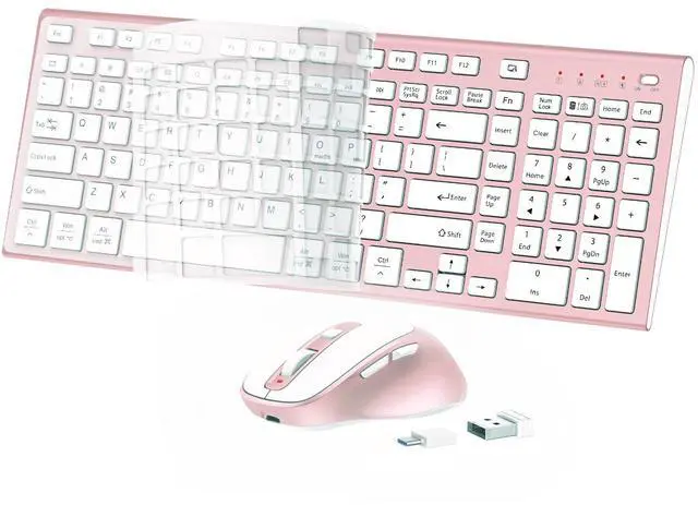 Main image of Wireless Keyboard Mouse Combo, USB Type C Rechargeable Slim Silent Compact Full-Size Keyboard with Number Pad and Cover for Windows, macOS, PC/Computer/Laptop - Rose Gold