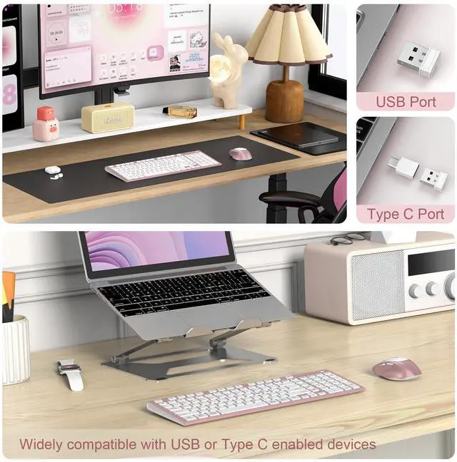 Alt view image 2 of 5 - Wireless Keyboard Mouse Combo, USB Type C Rechargeable Slim Silent Compact Full-Size Keyboard with Number Pad and Cover for Windows, macOS, PC/Computer/Laptop - Rose Gold