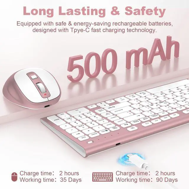 Alt view image 3 of 5 - Wireless Keyboard Mouse Combo, USB Type C Rechargeable Slim Silent Compact Full-Size Keyboard with Number Pad and Cover for Windows, macOS, PC/Computer/Laptop - Rose Gold